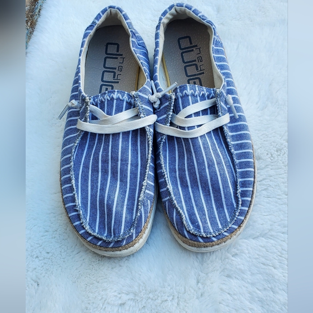 Hey Dude Blue Striped Loafers Size 8